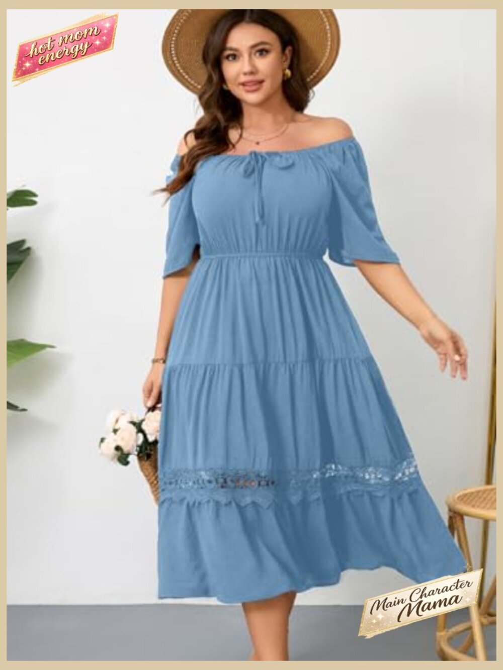 Plus Size Maxi Dress Short Sleeve Square Neck Flowy A-Line Lace Trim Flutter - Picture 4 of 7